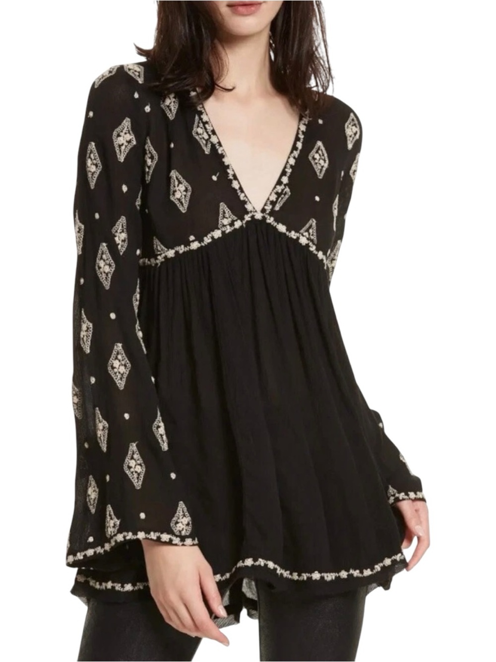 Free People Diamond Embroidered Tunic Top/Boho Mini Dress Size S